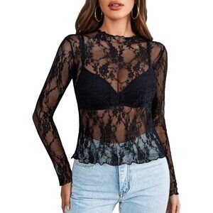 Women's Mesh Top Long Sleeve Sheer Blouse See Through Floral Lace Plus Size